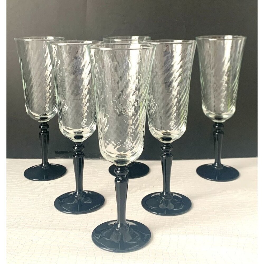 6 Cristal d'Arques Onyx Champagne Flutes Wine Glass France